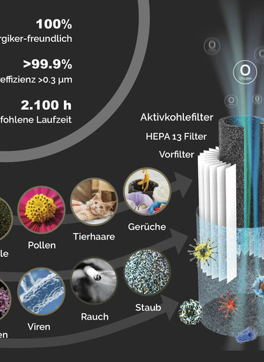 3-in-1 HEPA-13-Filter mit Vorfilter und Aktivkohlefilter für den tragbaren Luftreiniger, entfernt bis zu 99,95 % von Schadstoffen wie Staub, Pollen, Rauch, Viren, Bakterien, Corona, Grippe, ideal für saubere Luft bei Allergie, Allergikern, Asthma, Asthmatikern, 2100 Stunden Laufzeit, 3 bis 6 Monate