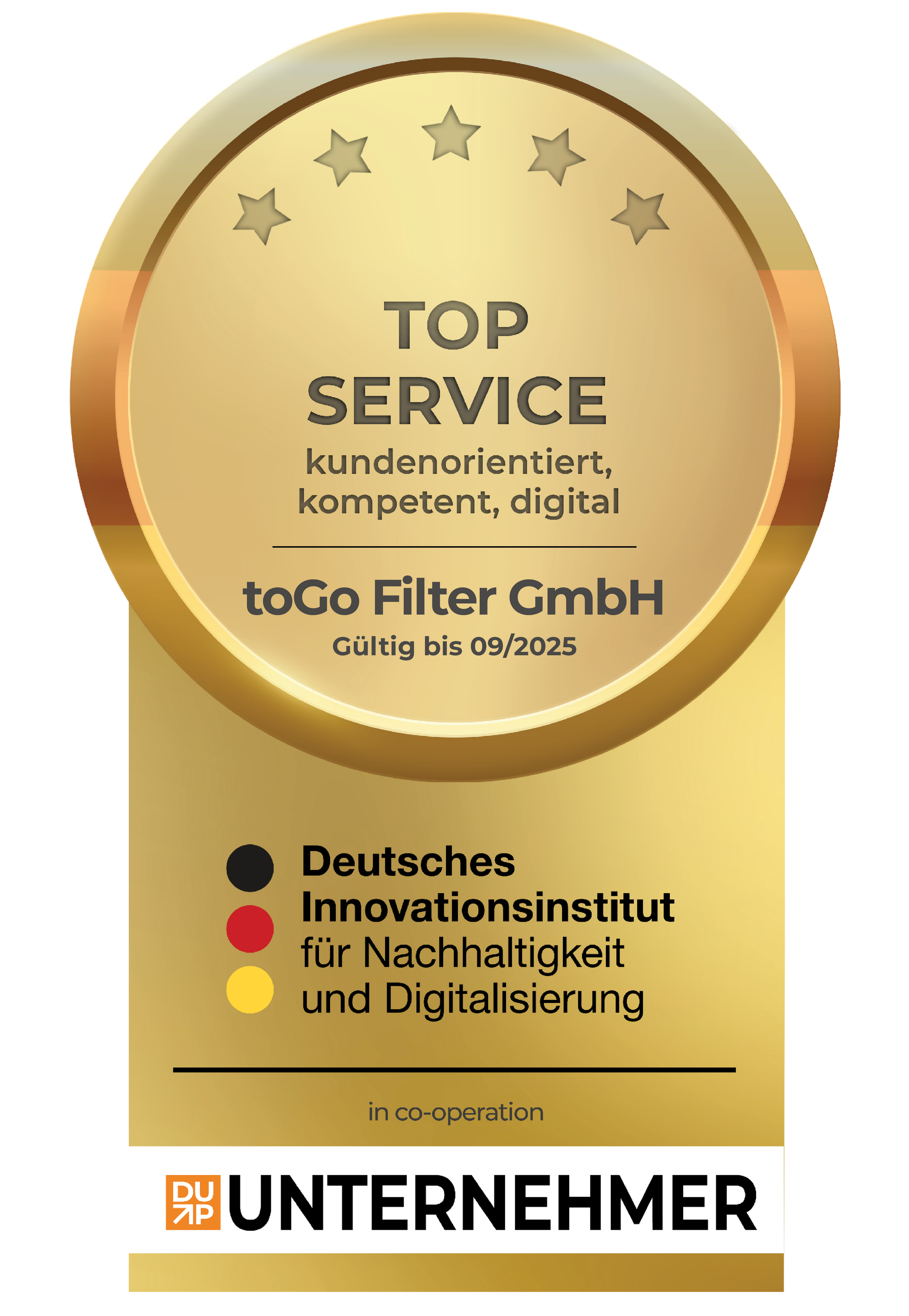 toGo Filter GmbH Top Service Auszeichnung vom Deutsches Innovationsinstitut für Nachhaltigkeit und Digitalisierung