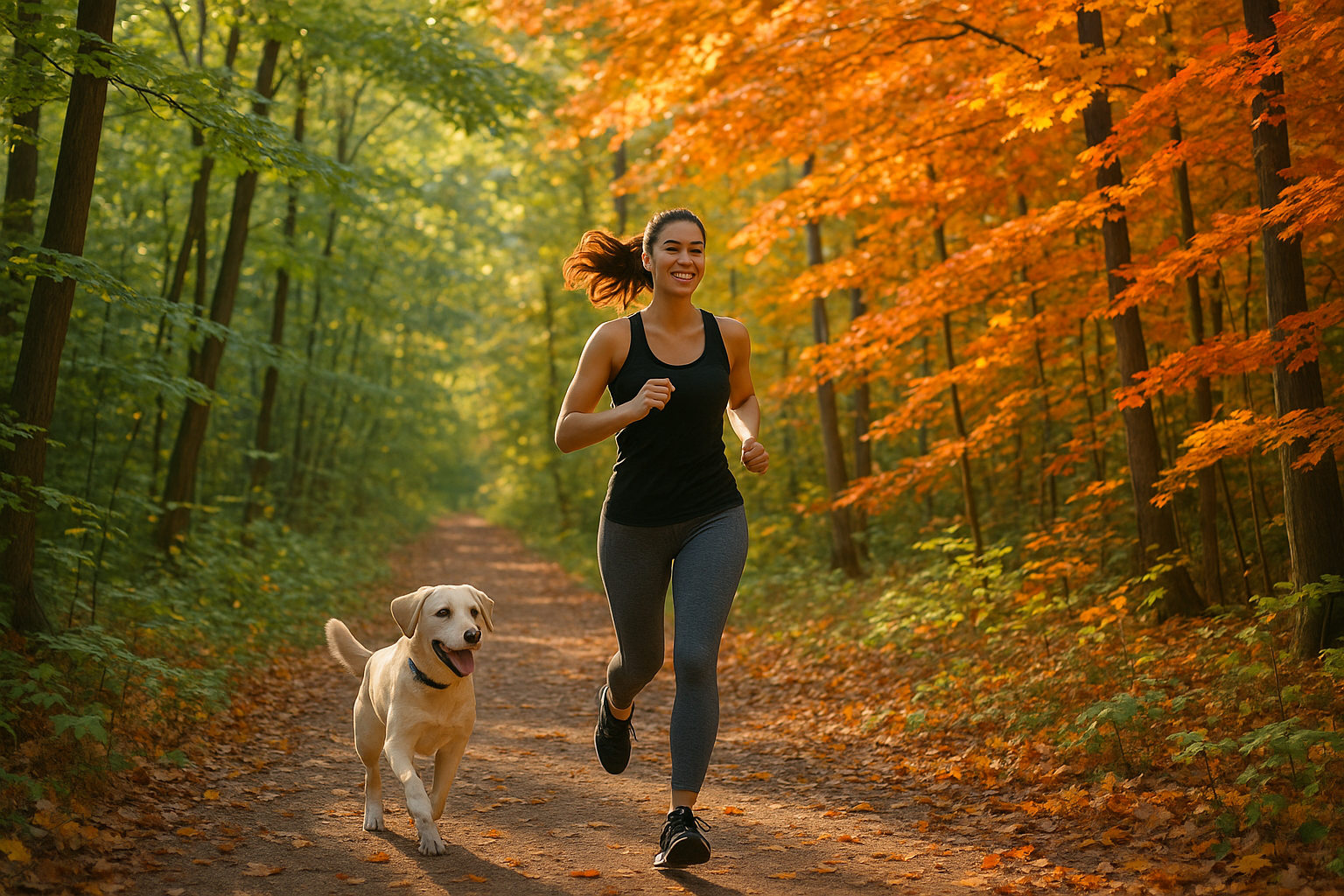 Woman mid age 20s jogging with dog in forest that has green and fall coloured leaves